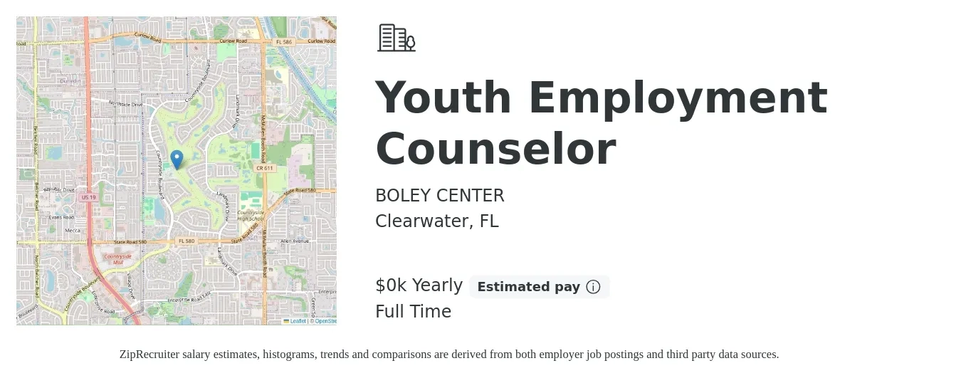 BOLEY CENTER job posting for a Youth Employment Counselor in Clearwater, FL with a salary of $19 Yearly with a map of Clearwater location.