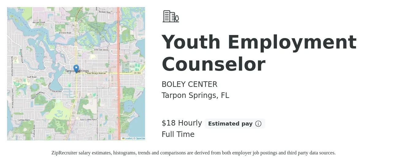 BOLEY CENTER job posting for a Youth Employment Counselor in Tarpon Springs, FL with a salary of $19 Hourly with a map of Tarpon Springs location.
