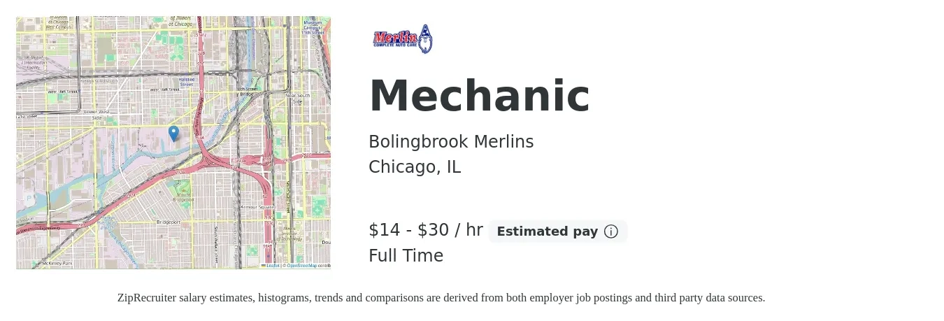 Bolingbrook Merlins job posting for a Mechanic in Chicago, IL with a salary of $15 to $32 Hourly (plus commission) with a map of Chicago location.