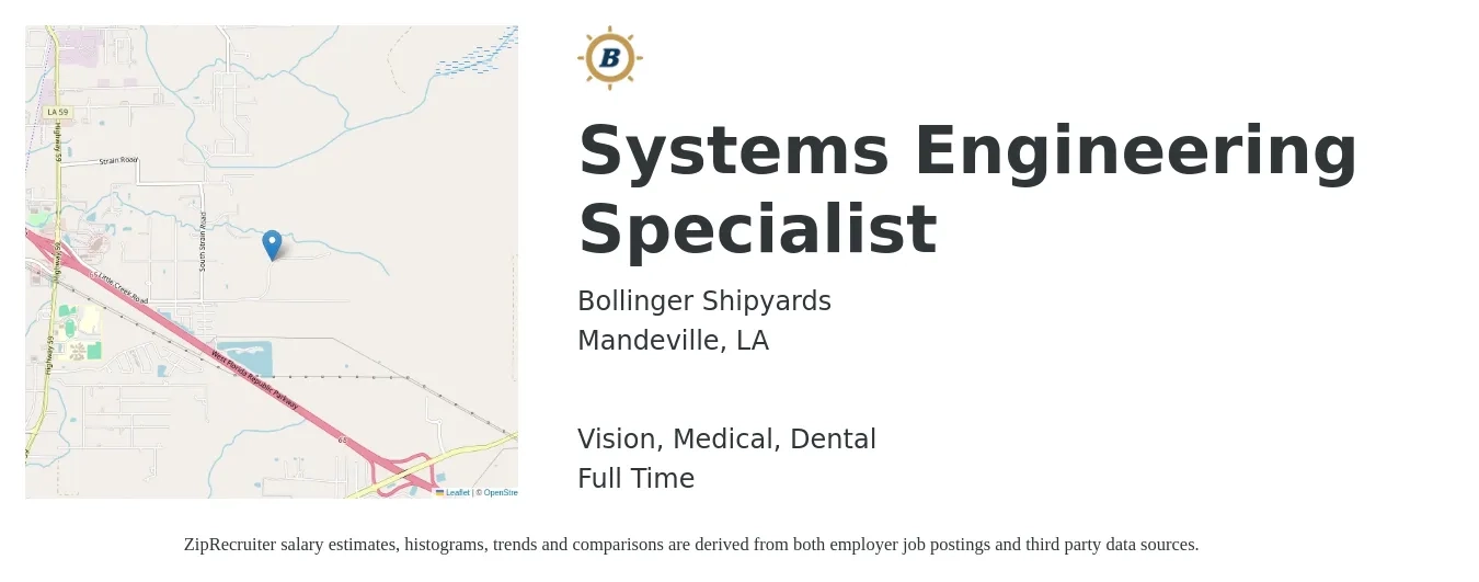 Bollinger Shipyards job posting for a Systems Engineering Specialist in Mandeville, LA with a salary of $33,100 to $64,600 Yearly and benefits including medical, retirement, vision, dental, and life_insurance with a map of Mandeville location.