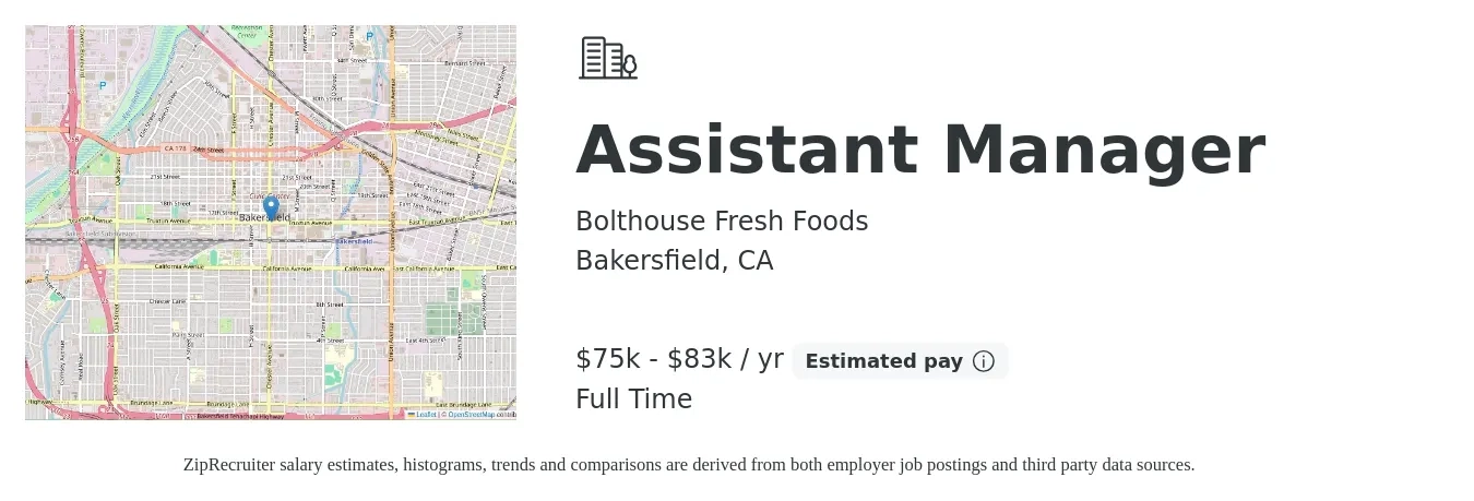 Bolthouse Fresh Foods job posting for a Assistant Manager in Bakersfield, CA with a salary of $75,000 to $83,000 Yearly with a map of Bakersfield location.