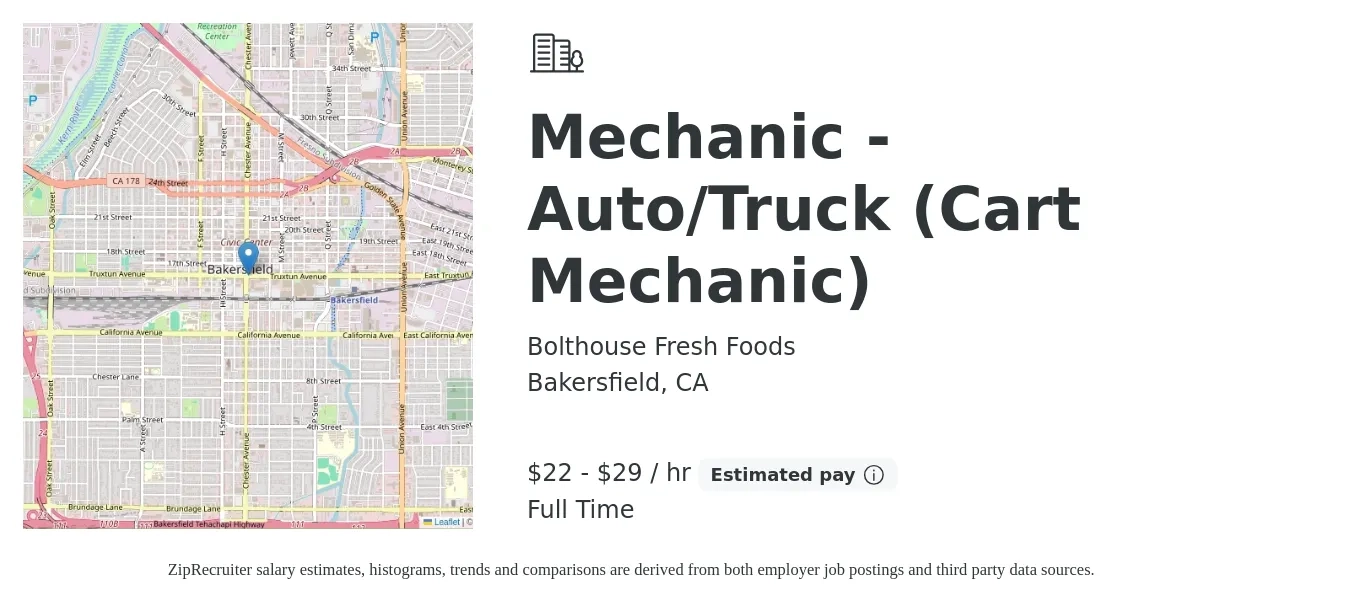 Bolthouse Fresh Foods job posting for a Mechanic - Auto/Truck (Cart Mechanic) in Bakersfield, CA with a salary of $23 to $31 Hourly with a map of Bakersfield location.