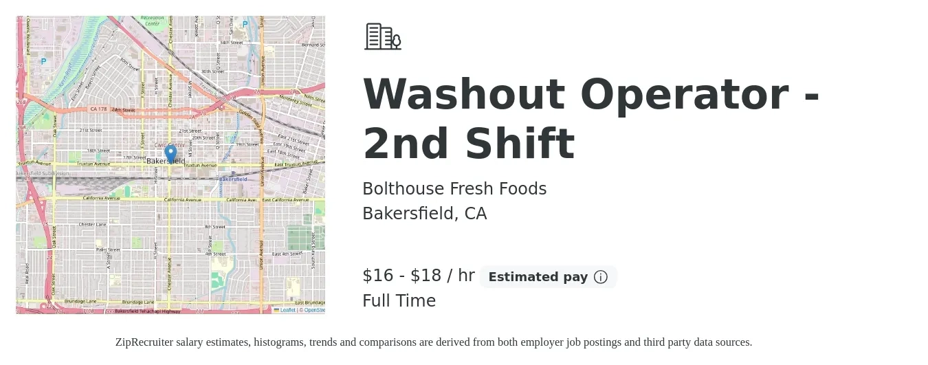 Bolthouse Fresh Foods job posting for a Washout Operator - 2nd Shift in Bakersfield, CA with a salary of $17 to $19 Hourly with a map of Bakersfield location.