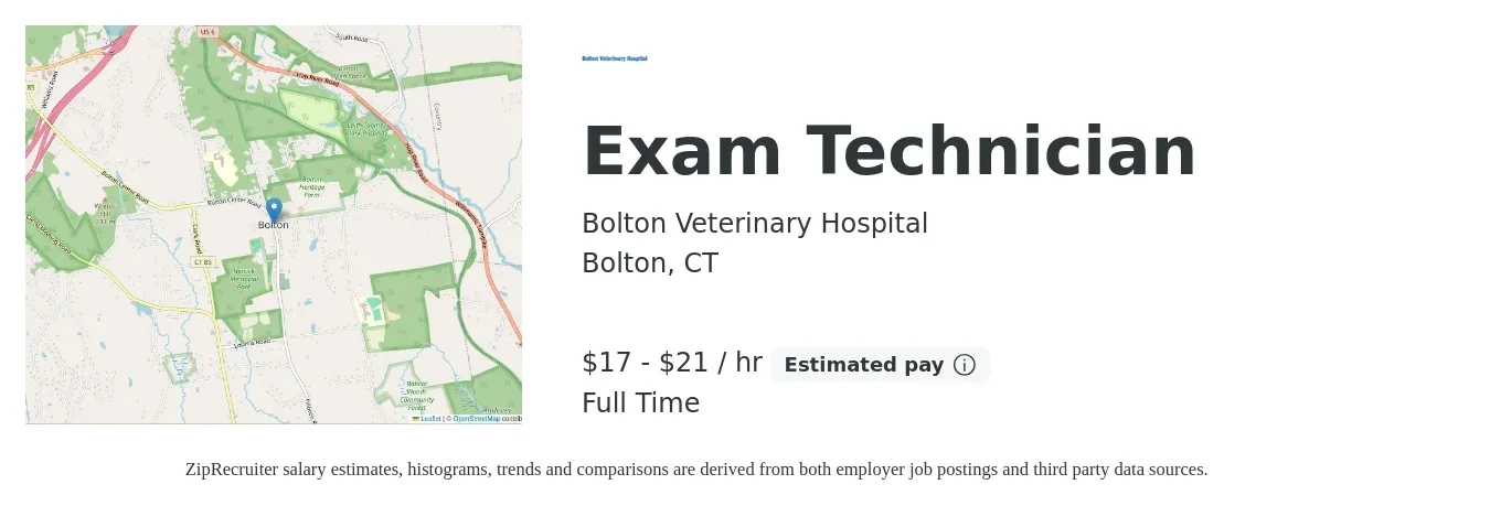 Bolton Veterinary Hospital job posting for a Exam Technician in Bolton, CT with a salary of $18 to $22 Hourly with a map of Bolton location.