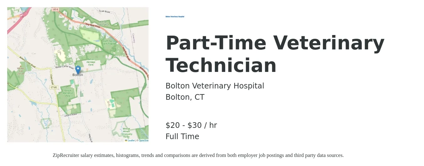 Bolton Veterinary Hospital job posting for a Part-Time Veterinary Technician in Bolton, CT with a salary of $21 to $32 Hourly with a map of Bolton location.