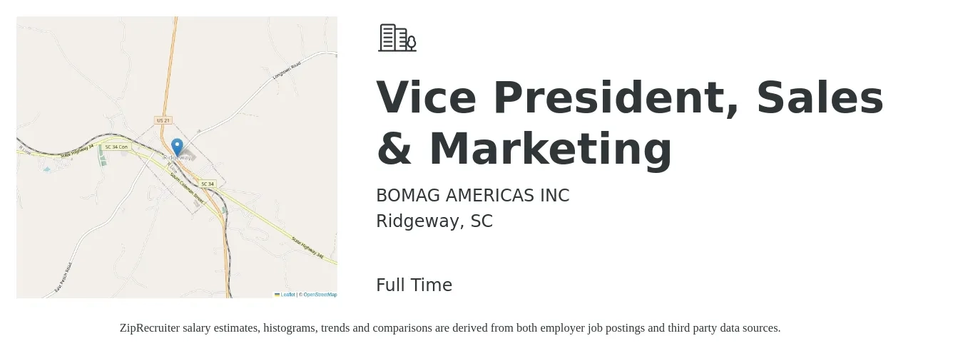 BOMAG AMERICAS INC job posting for a Vice President, Sales & Marketing in Ridgeway, SC with a salary of $129,700 to $197,300 Yearly with a map of Ridgeway location.