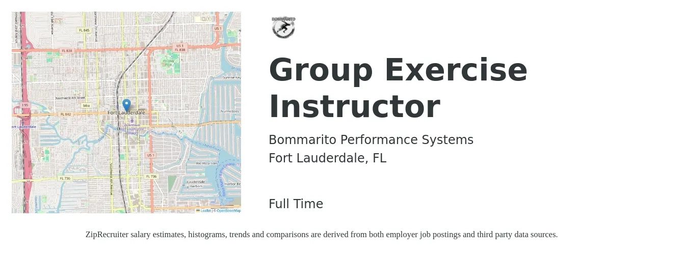 Bommarito Performance Systems job posting for a Group Exercise Instructor in Fort Lauderdale, FL with a salary of $17 to $28 Hourly with a map of Fort Lauderdale location.
