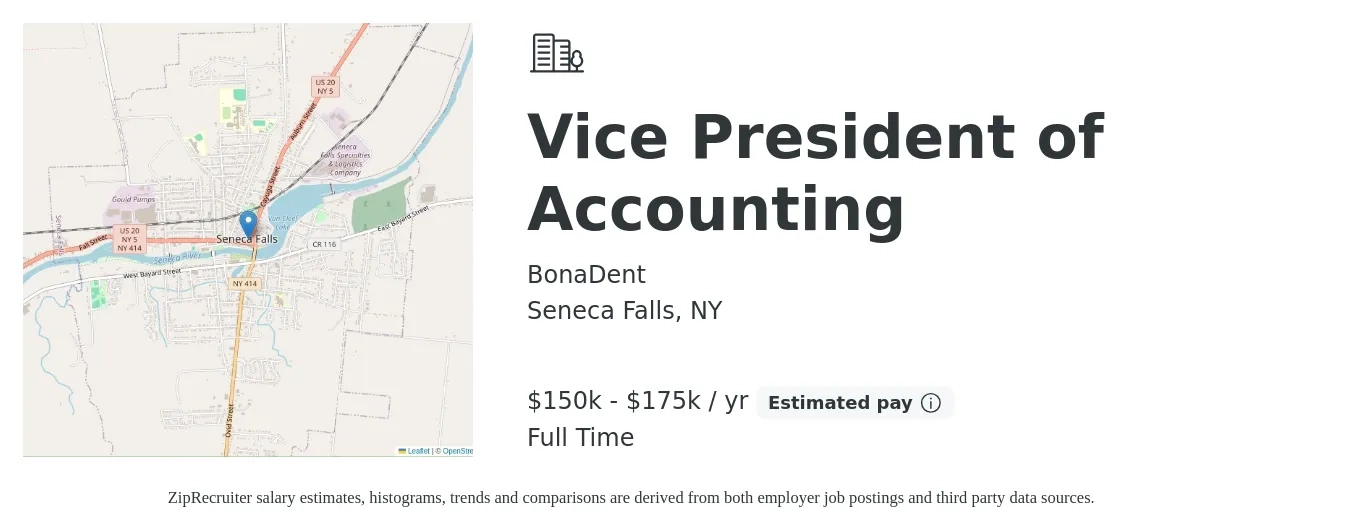 BonaDent job posting for a Vice President of Accounting in Seneca Falls, NY with a salary of $150,000 to $175,000 Yearly with a map of Seneca Falls location.