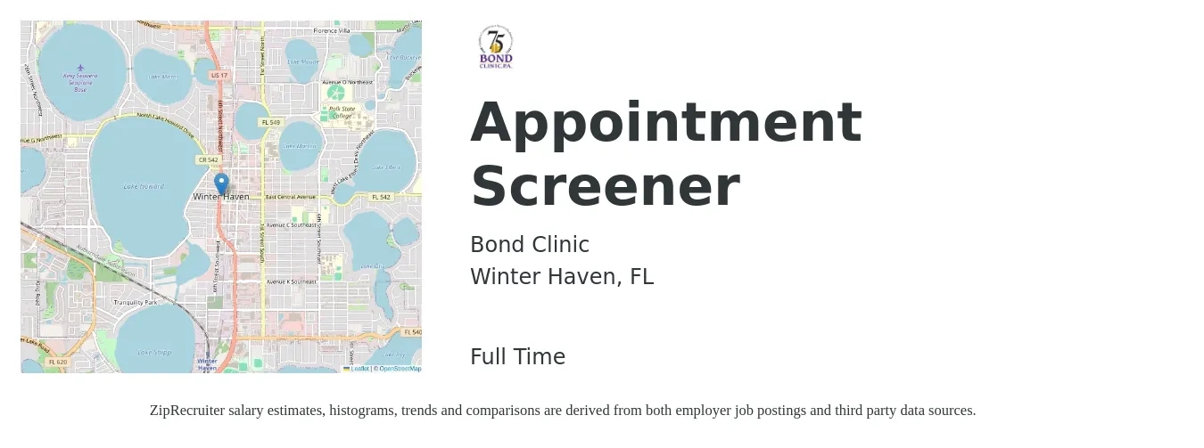 Bond Clinic job posting for a Appointment Screener in Winter Haven, FL with a salary of $13 to $18 Hourly with a map of Winter Haven location.
