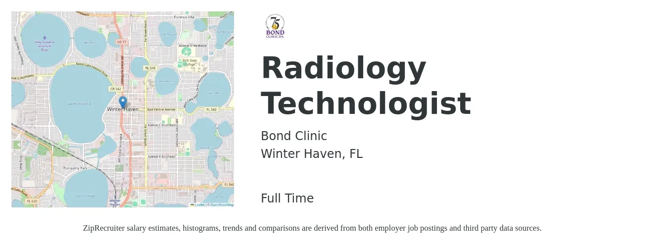 Bond Clinic job posting for a Radiology Technologist in Winter Haven, FL with a salary of $1,050 to $2,180 Weekly with a map of Winter Haven location.