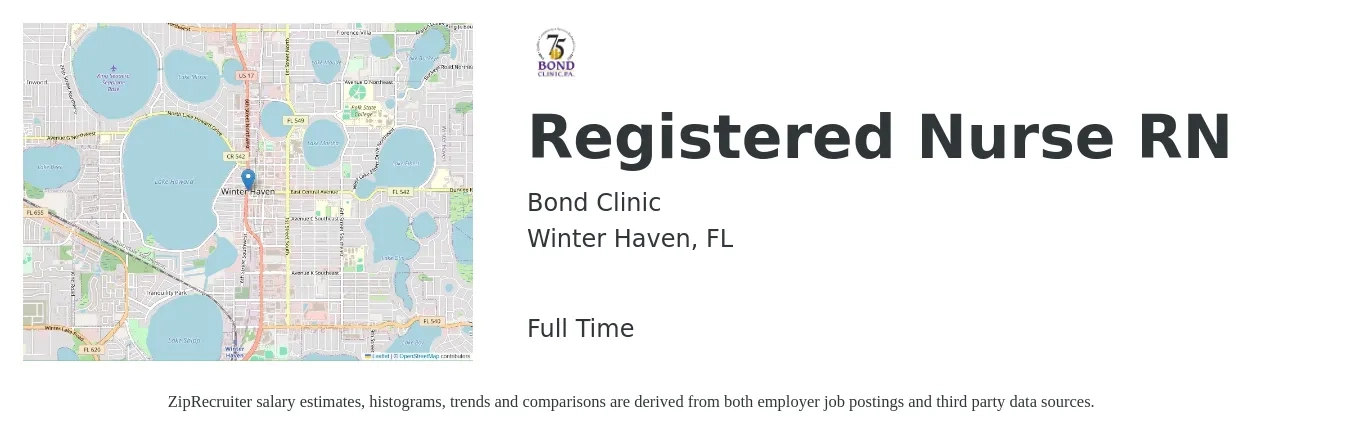 Bond Clinic job posting for a Registered Nurse RN in Winter Haven, FL with a salary of $29 to $46 Hourly with a map of Winter Haven location.