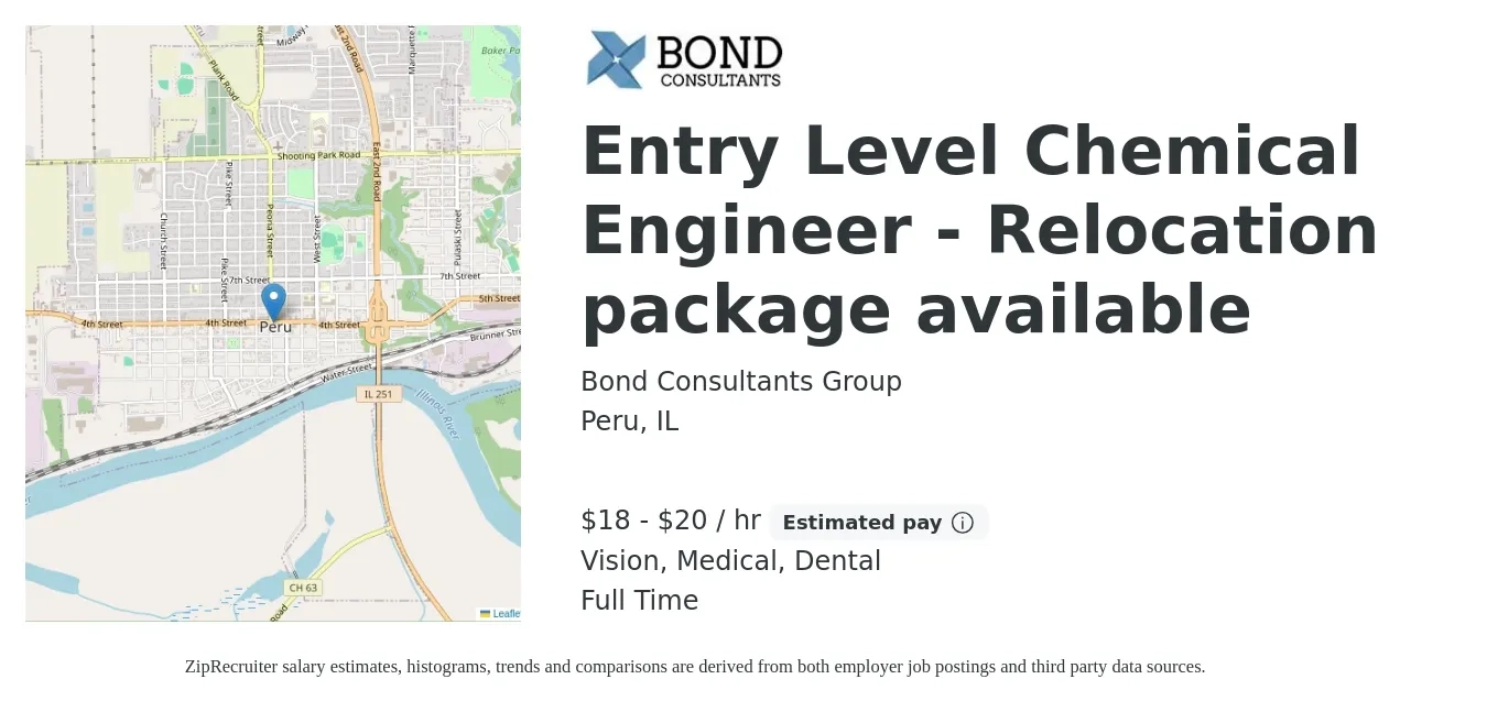 Bond Consultants Group job posting for a Entry Level Chemical Engineer - Relocation package available in Peru, IL with a salary of $19 to $21 Hourly and benefits including vision, dental, medical, and retirement with a map of Peru location.