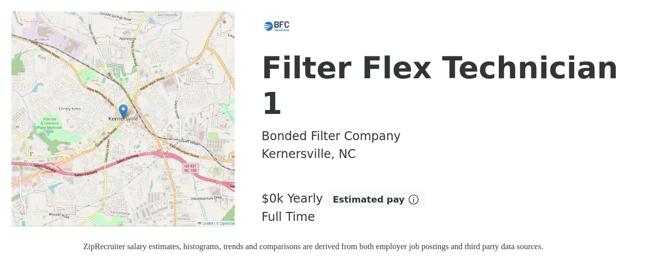 Bonded Filter Company job posting for a Filter Flex Technician 1 in Kernersville, NC with a salary of $21 to $22 Yearly with a map of Kernersville location.