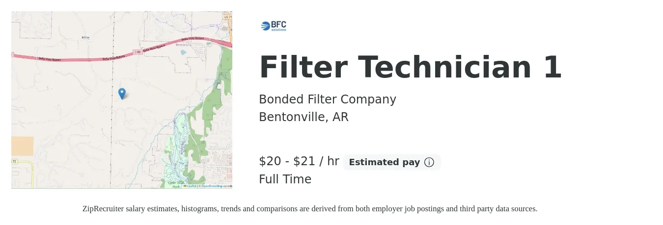 Bonded Filter Company job posting for a Filter Technician 1 in Bentonville, AR with a salary of $21 to $22 Hourly with a map of Bentonville location.