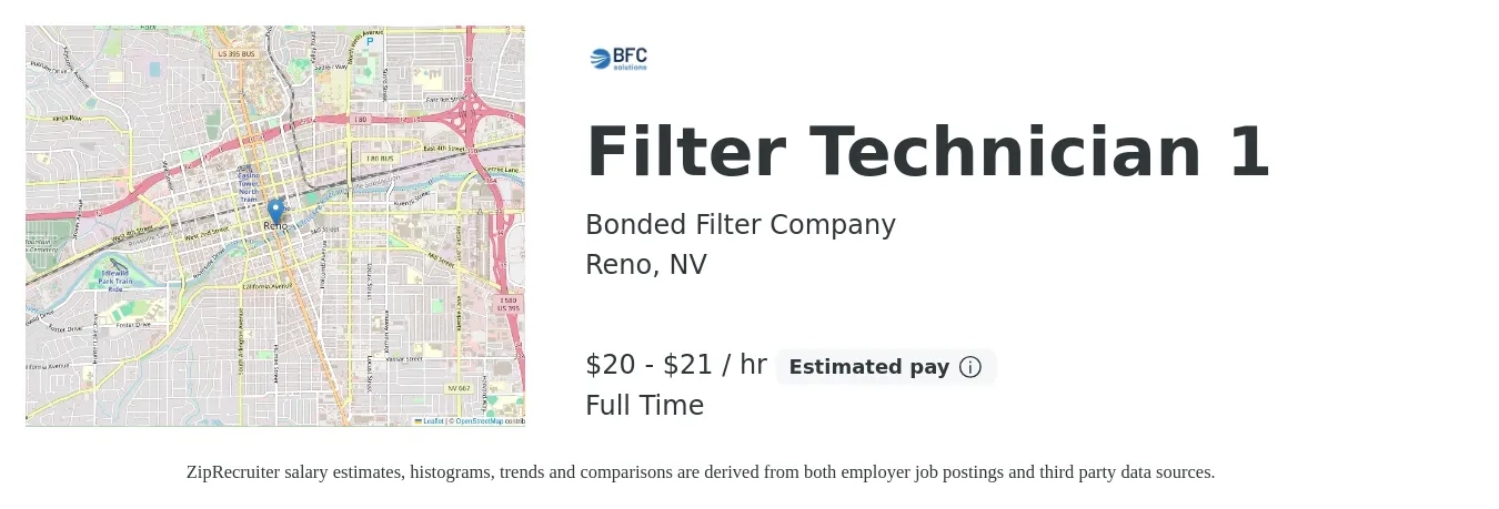 Bonded Filter Company job posting for a Filter Technician 1 in Reno, NV with a salary of $21 to $22 Hourly with a map of Reno location.