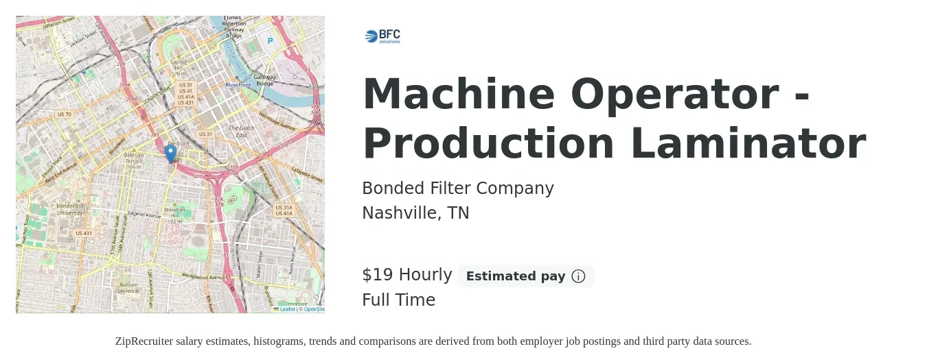 Bonded Filter Company job posting for a Machine Operator -Production Laminator in Nashville, TN with a salary of $20 Hourly with a map of Nashville location.
