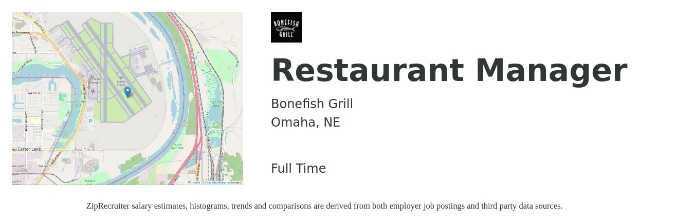 Bonefish Grill job posting for a Restaurant Manager in Omaha, NE with a salary of $40,500 to $57,200 Yearly with a map of Omaha location.