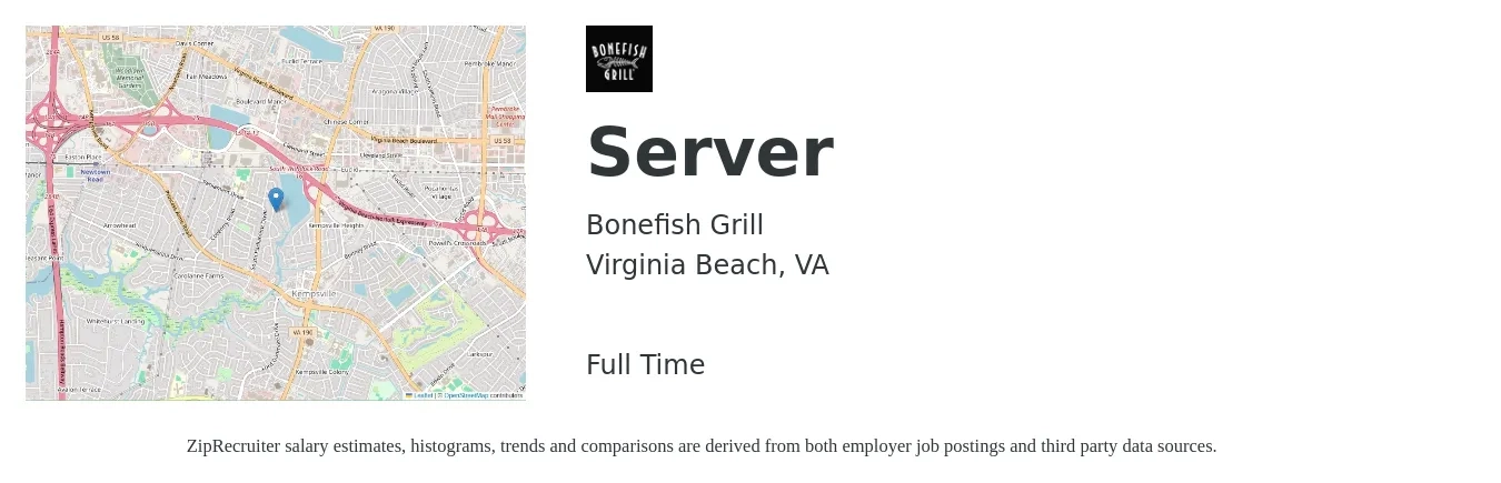 Bonefish Grill job posting for a Server in Virginia Beach, VA with a salary of $10 to $16 Hourly with a map of Virginia Beach location.