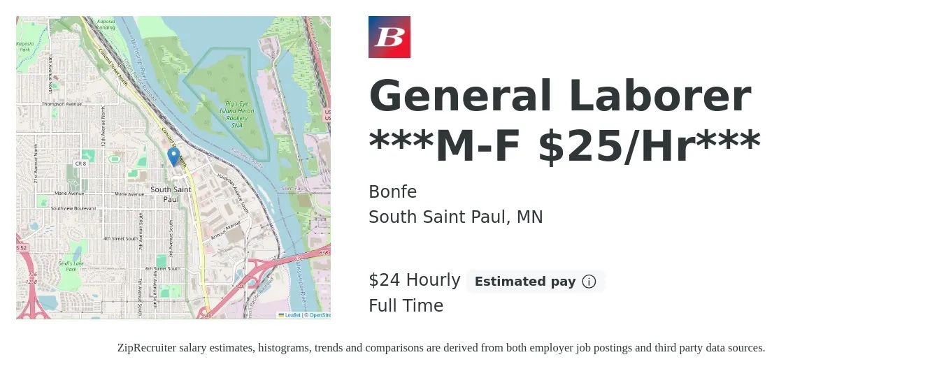 Bonfe job posting for a General Laborer ***M-F $25/Hr*** in South Saint Paul, MN with a salary of $25 Hourly with a map of South Saint Paul location.