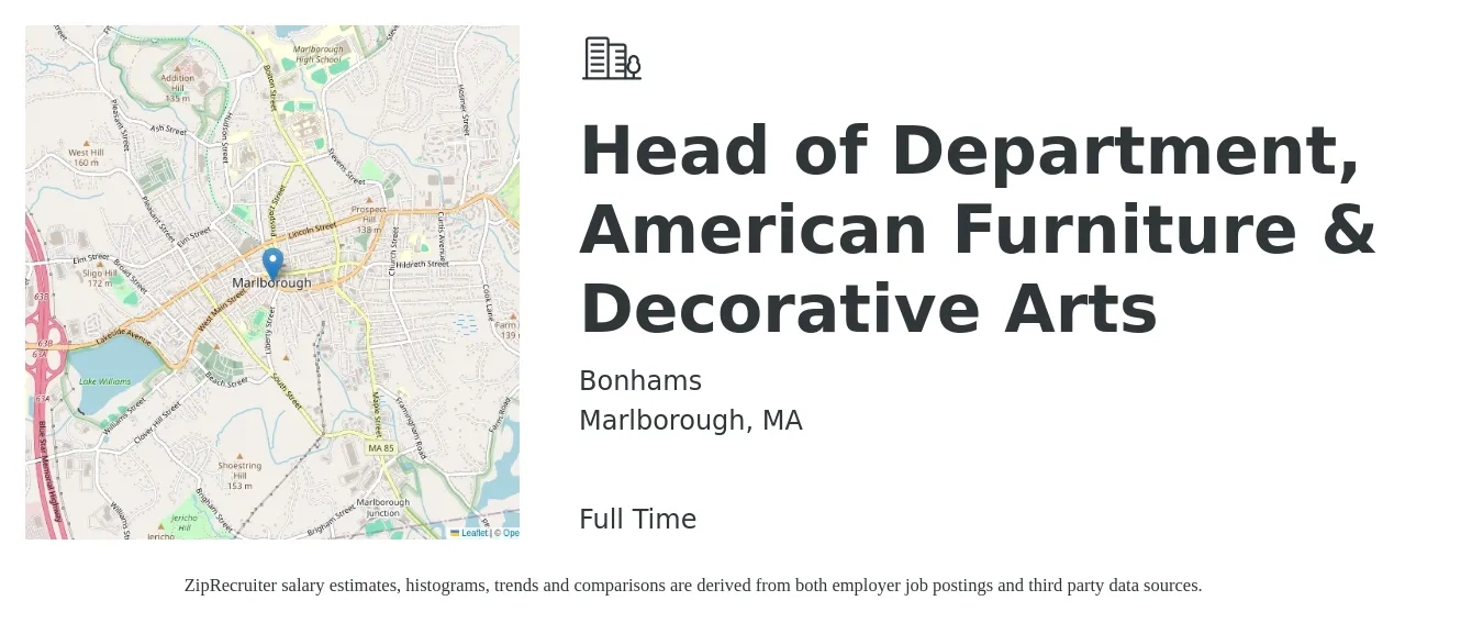 Bonhams job posting for a Head of Department, American Furniture & Decorative Arts in Marlborough, MA with a salary of $100,000 to $130,000 Yearly with a map of Marlborough location.