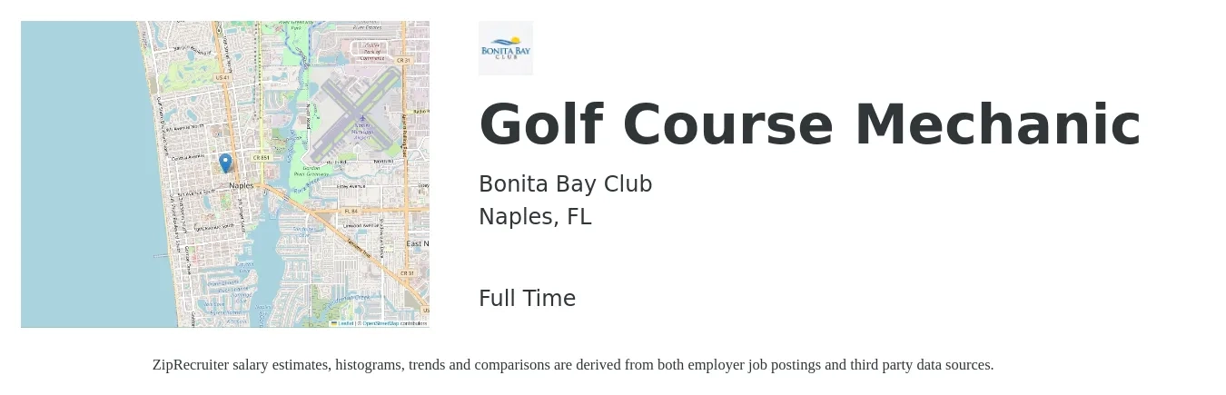 Bonita Bay Club job posting for a Golf Course Mechanic in Naples, FL with a salary of $18 to $27 Hourly with a map of Naples location.