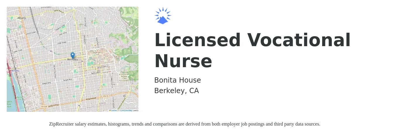 Bonita House job posting for a Licensed Vocational Nurse in Berkeley, CA with a salary of $29 to $37 Hourly with a map of Berkeley location.