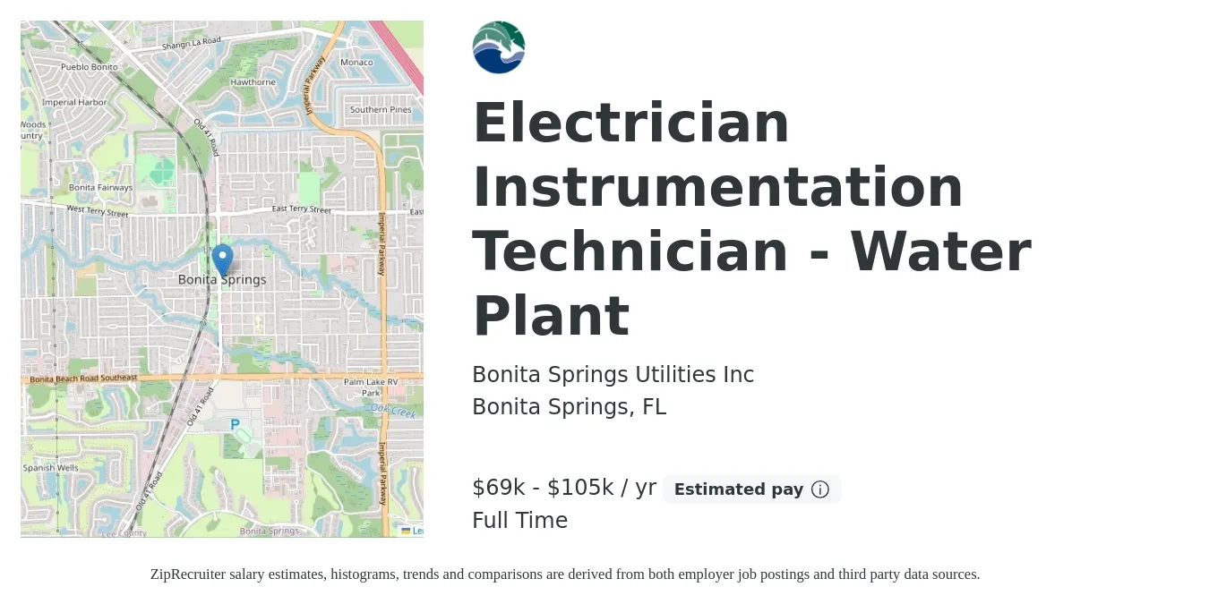 Bonita Springs Utilities Inc job posting for a Electrician Instrumentation Technician - Water Plant in Bonita Springs, FL with a salary of $69,680 to $105,040 Yearly with a map of Bonita Springs location.