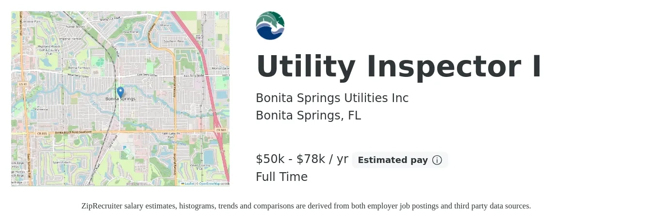 Bonita Springs Utilities Inc job posting for a Utility Inspector I in Bonita Springs, FL with a salary of $50,960 to $78,000 Yearly with a map of Bonita Springs location.