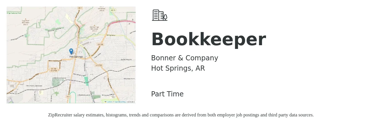 Bonner & Company job posting for a Bookkeeper in Hot Springs, AR with a salary of $2,500 to $4,500 Monthly with a map of Hot Springs location.