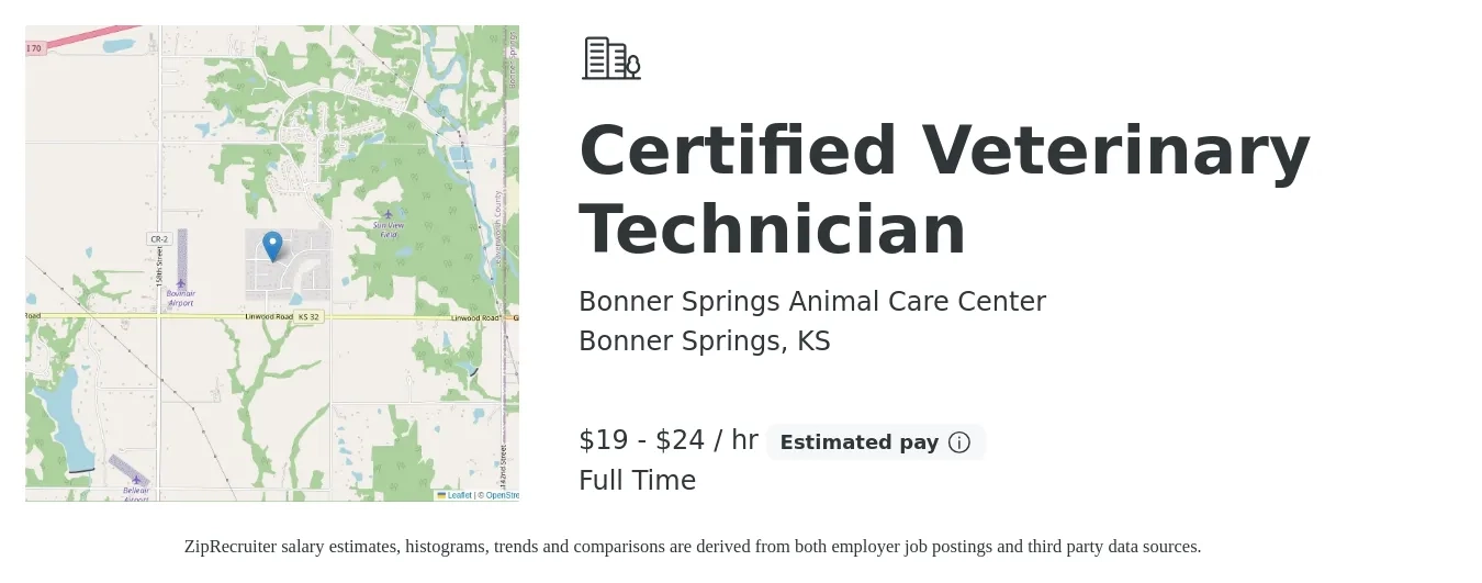Bonner Springs Animal Care Center job posting for a Certified Veterinary Technician in Bonner Springs, KS with a salary of $20 to $25 Hourly with a map of Bonner Springs location.