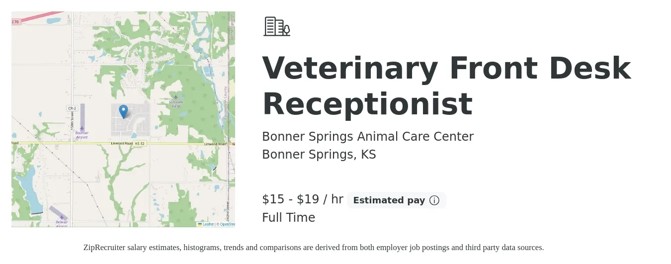 Bonner Springs Animal Care Center job posting for a Veterinary Front Desk Receptionist in Bonner Springs, KS with a salary of $16 to $20 Hourly with a map of Bonner Springs location.