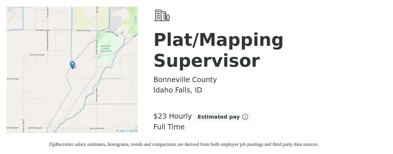 Bonneville County job posting for a Plat/Mapping Supervisor in Idaho Falls, ID with a salary of $24 Hourly with a map of Idaho Falls location.