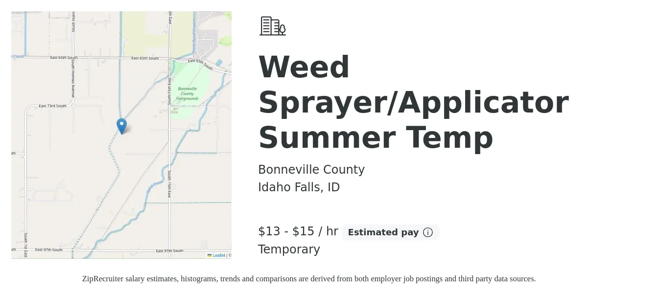 Bonneville County job posting for a Weed Sprayer/Applicator Summer Temp in Idaho Falls, ID with a salary of $14 to $16 Hourly with a map of Idaho Falls location.