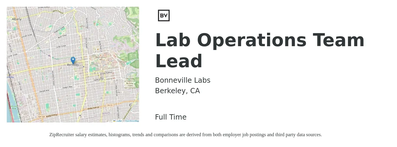 Bonneville Labs job posting for a Lab Operations Team Lead in Berkeley, CA with a salary of $67 Hourly with a map of Berkeley location.