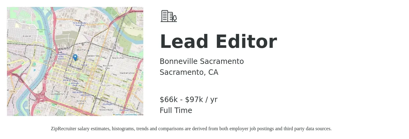 Bonneville Sacramento job posting for a Lead Editor in Sacramento, CA with a salary of $66,560 to $97,000 Yearly with a map of Sacramento location.