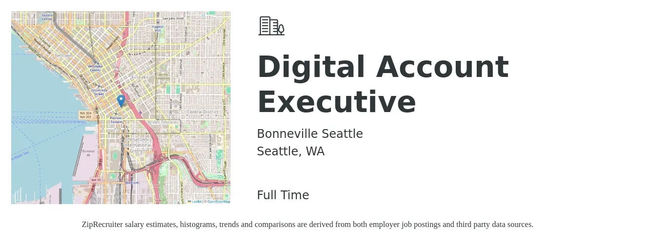 Bonneville Seattle job posting for a Digital Account Executive in Seattle, WA with a salary of $57,700 to $78,800 Yearly with a map of Seattle location.