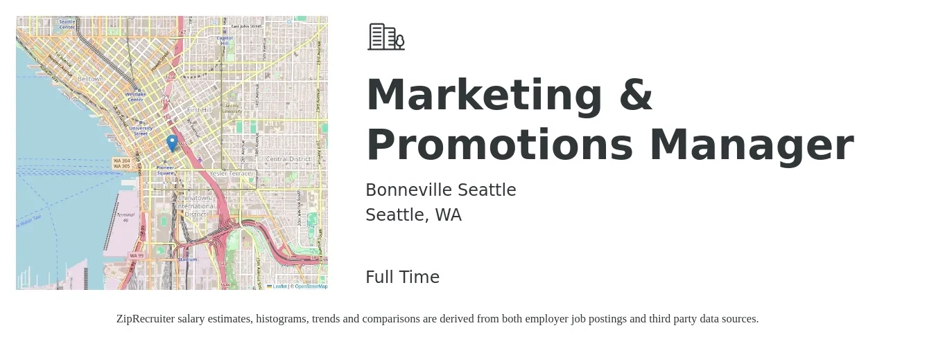 Bonneville Seattle job posting for a Marketing & Promotions Manager in Seattle, WA with a salary of $62,800 to $131,400 Yearly with a map of Seattle location.