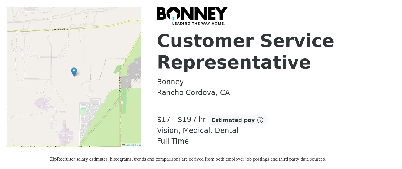 Bonney job posting for a Customer Service Representative in Rancho Cordova, CA with a salary of $18 to $20 Hourly and benefits including life_insurance, medical, retirement, vision, and dental with a map of Rancho Cordova location.