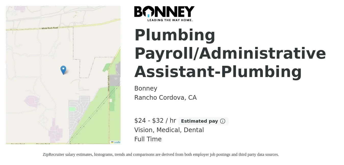 Bonney job posting for a Plumbing Payroll/Administrative Assistant-Plumbing in Rancho Cordova, CA with a salary of $25 to $34 Hourly and benefits including retirement, vision, dental, life_insurance, medical, and pto with a map of Rancho Cordova location.