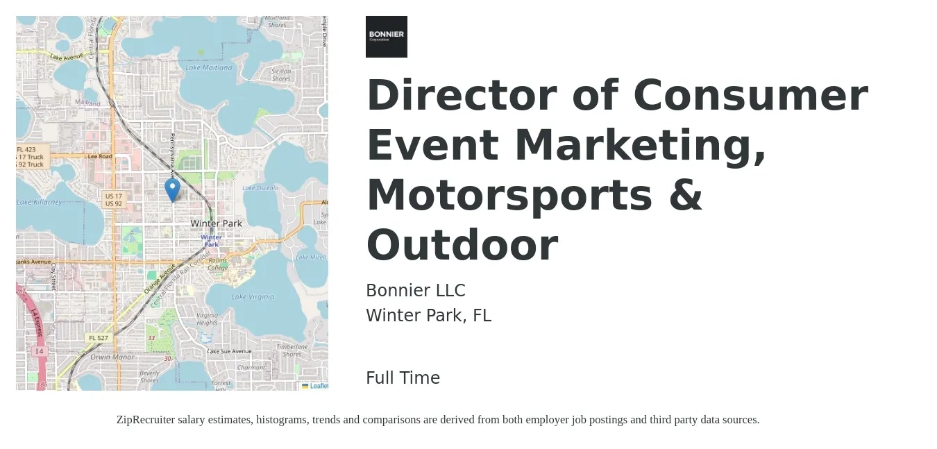 Bonnier LLC job posting for a Director of Consumer Event Marketing, Motorsports & Outdoor in Winter Park, FL with a salary of $61,000 to $123,500 Yearly with a map of Winter Park location.
