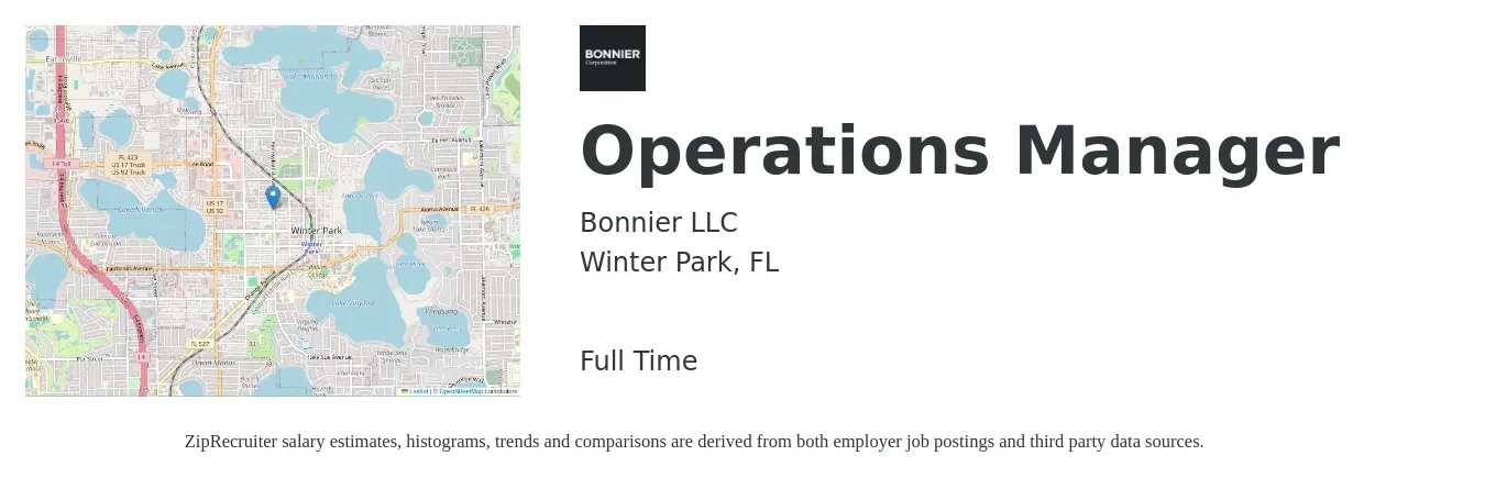Bonnier LLC job posting for a Operations Manager in Winter Park, FL with a salary of $38,500 to $72,800 Yearly with a map of Winter Park location.