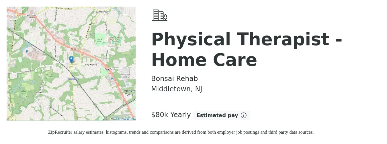Bonsai Rehab job posting for a Physical Therapist - Home Care in Middletown, NJ with a salary of $80,000 Yearly with a map of Middletown location.