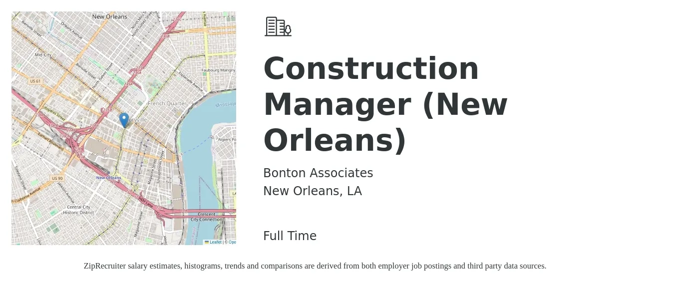 Bonton Associates job posting for a Construction Manager (New Orleans) in New Orleans, LA with a salary of $95,500 Yearly with a map of New Orleans location.