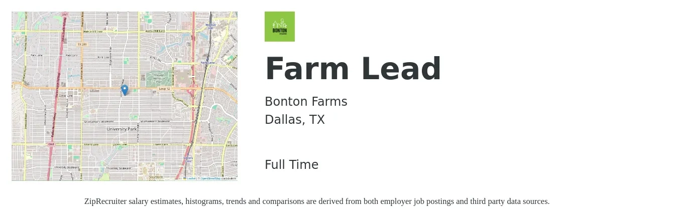 Bonton Farms job posting for a Farm Lead in Dallas, TX with a salary of $19 to $29 Hourly with a map of Dallas location.