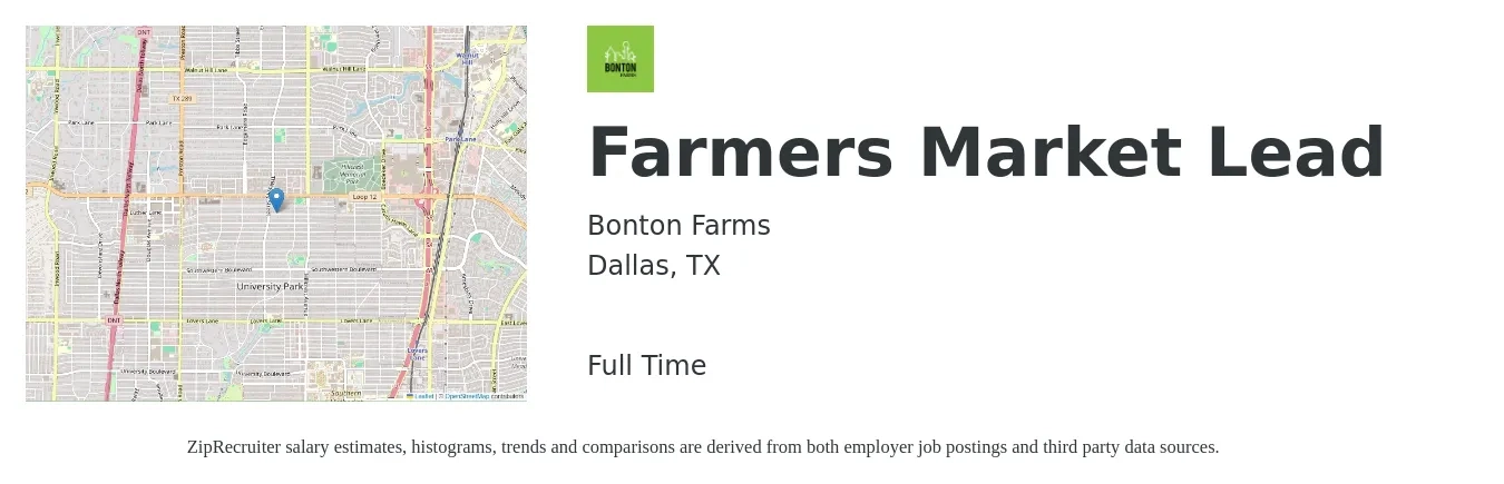 Bonton Farms job posting for a Farmers Market Lead in Dallas, TX with a salary of $47,700 to $139,100 Yearly with a map of Dallas location.