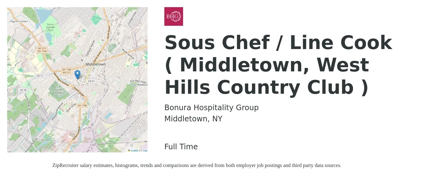 Bonura Hospitality Group job posting for a Sous Chef / Line Cook ( Middletown, West Hills Country Club ) in Middletown, NY with a salary of $50,200 to $67,800 Yearly with a map of Middletown location.