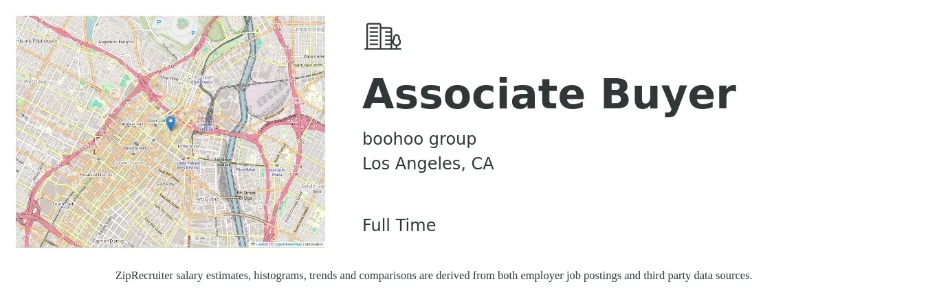 boohoo group job posting for a Associate Buyer in Los Angeles, CA with a salary of $22 to $32 Hourly with a map of Los Angeles location.