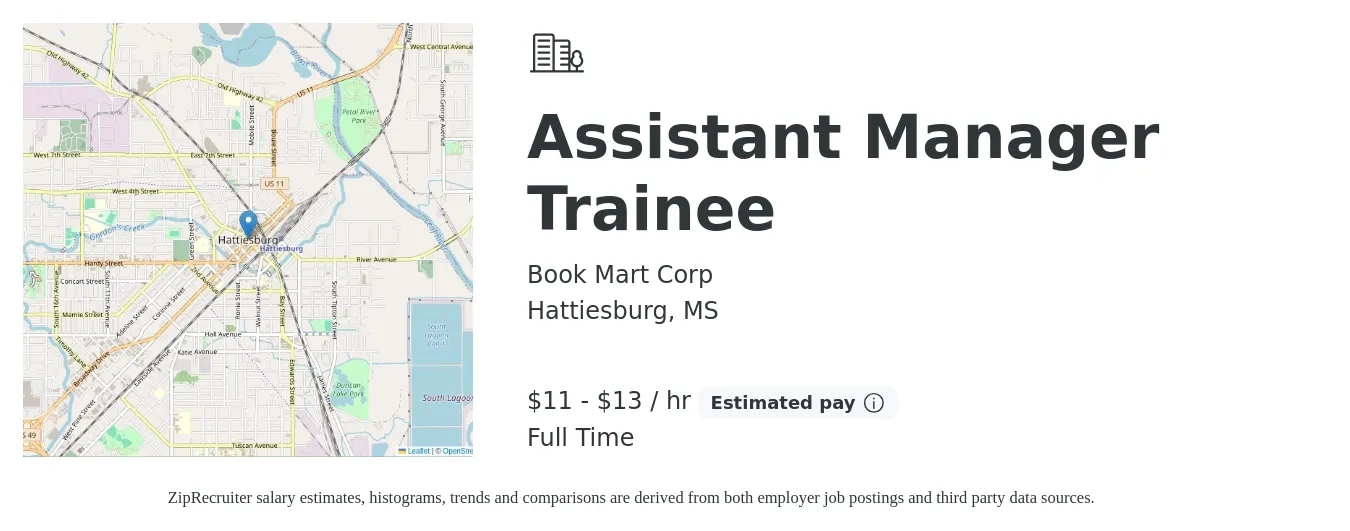 Book Mart Corp job posting for a Assistant Manager Trainee in Hattiesburg, MS with a salary of $12 to $14 Hourly and benefits including pto, and retirement with a map of Hattiesburg location.