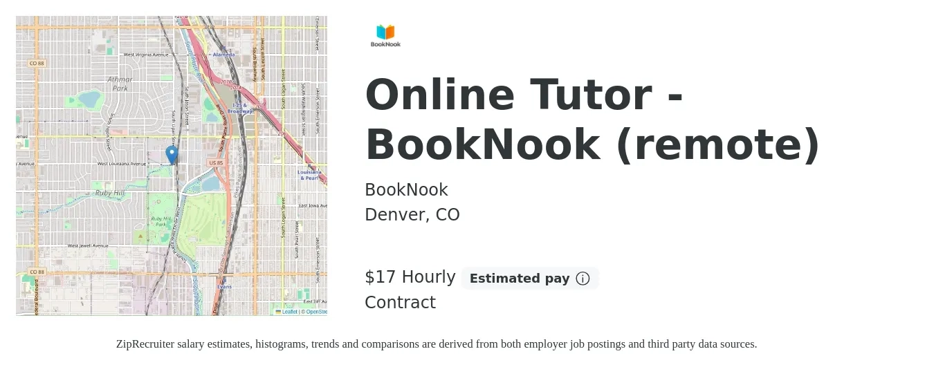 BookNook job posting for a Online Tutor - BookNook (remote) in Denver, CO with a salary of $18 Hourly with a map of Denver location.
