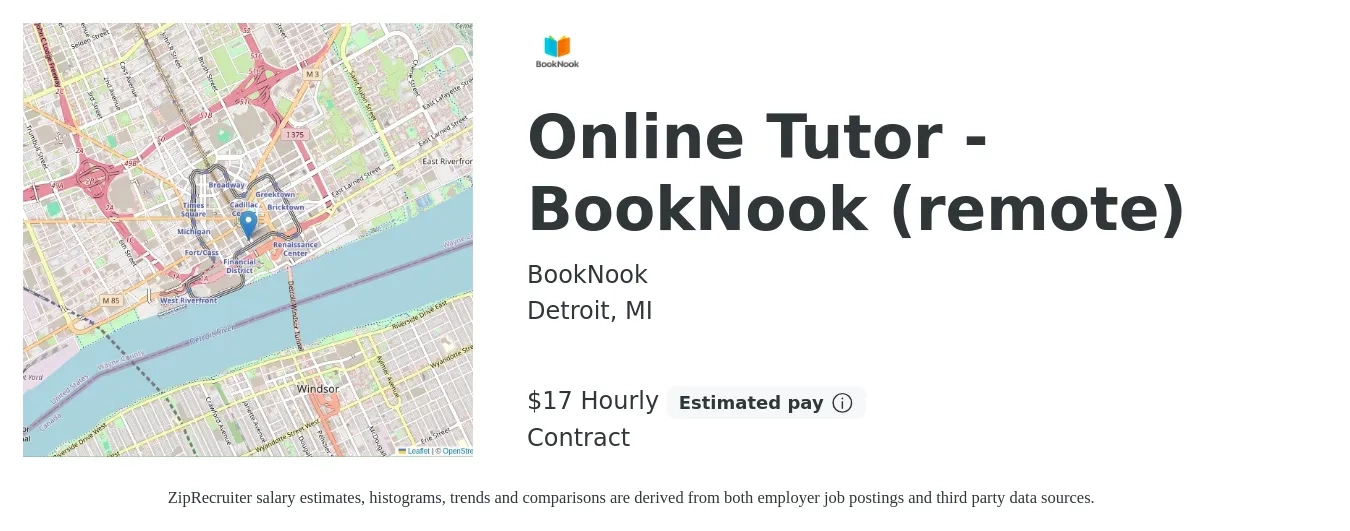 BookNook job posting for a Online Tutor - BookNook (remote) in Detroit, MI with a salary of $18 Hourly with a map of Detroit location.